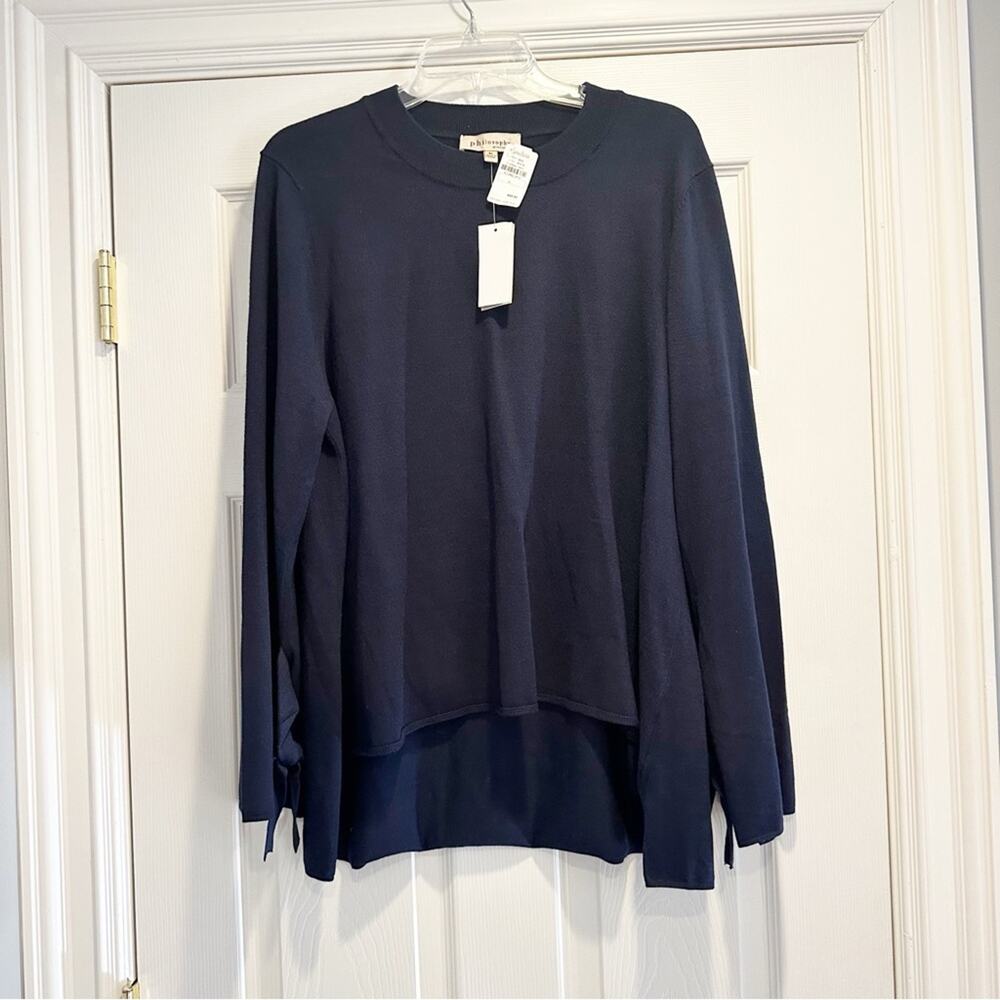 Philosophy Tie Statement Sleeve Knit Sweater Solid Navy Blue NWT Size XL